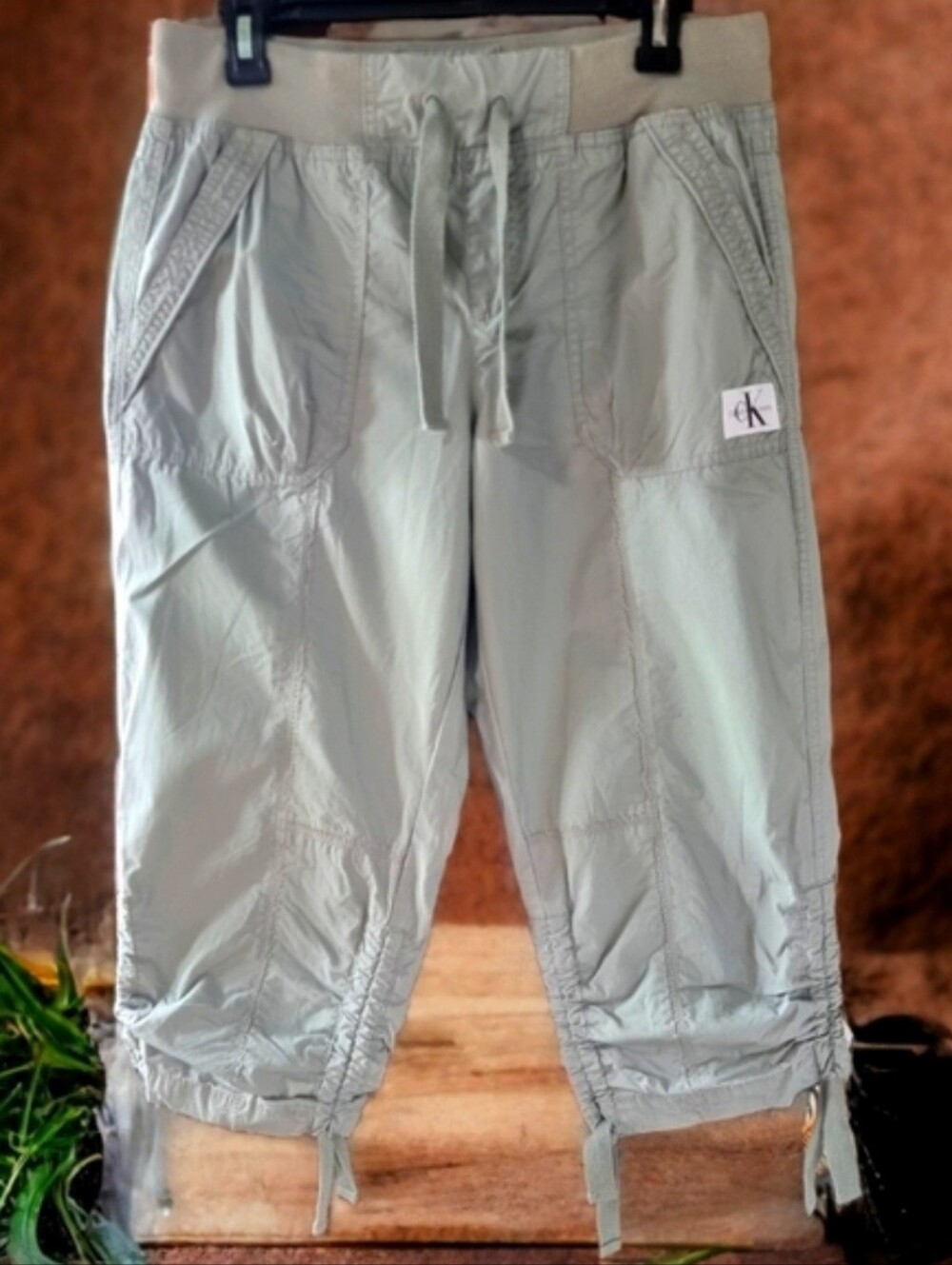 Calvin Klein Light Greenish Gray Cotton Drawstring Capri Pants Size S